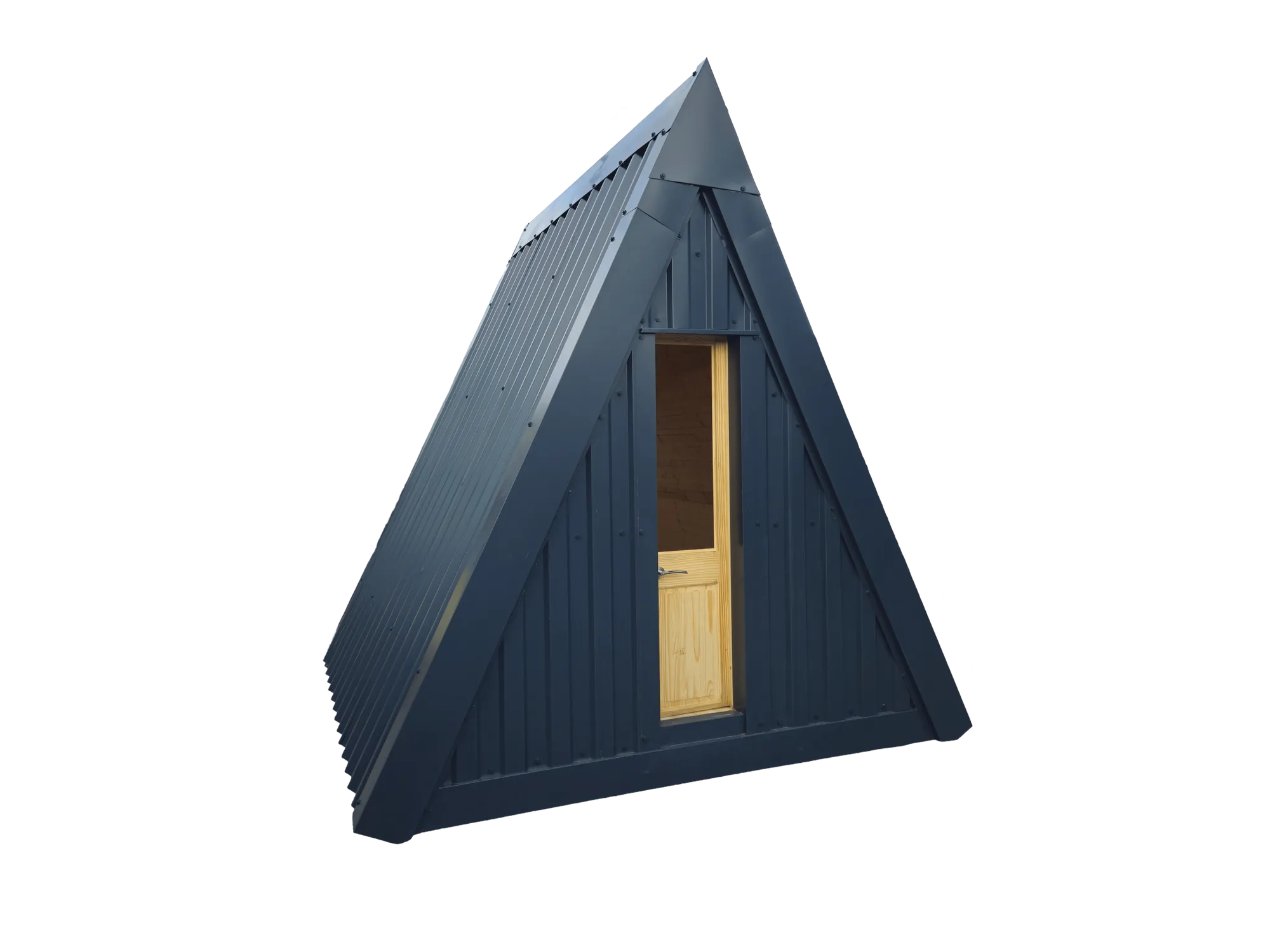 Glazed gable end of the steel A-frame cabin