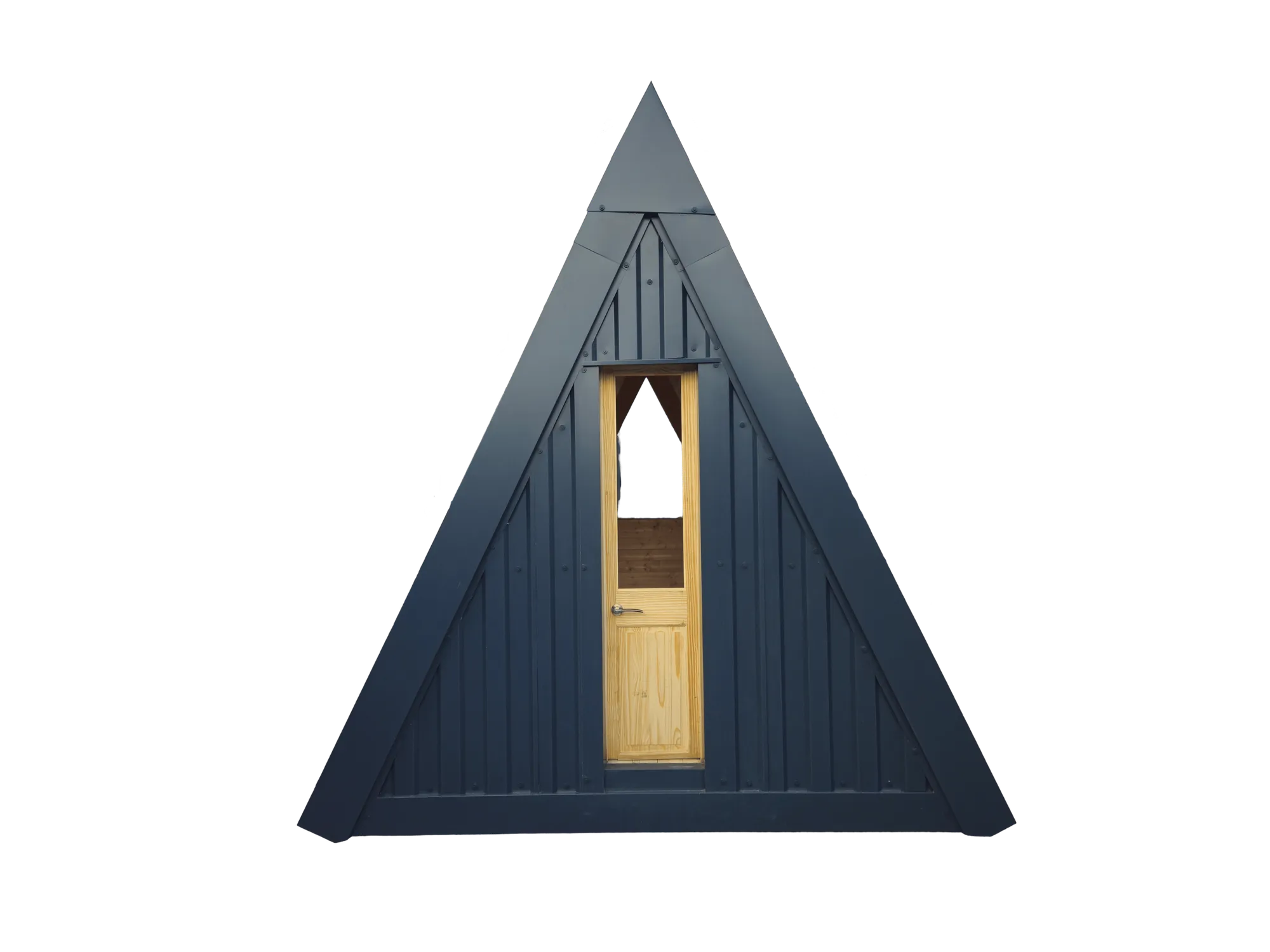 Steel A-frame cabin in the factory yard