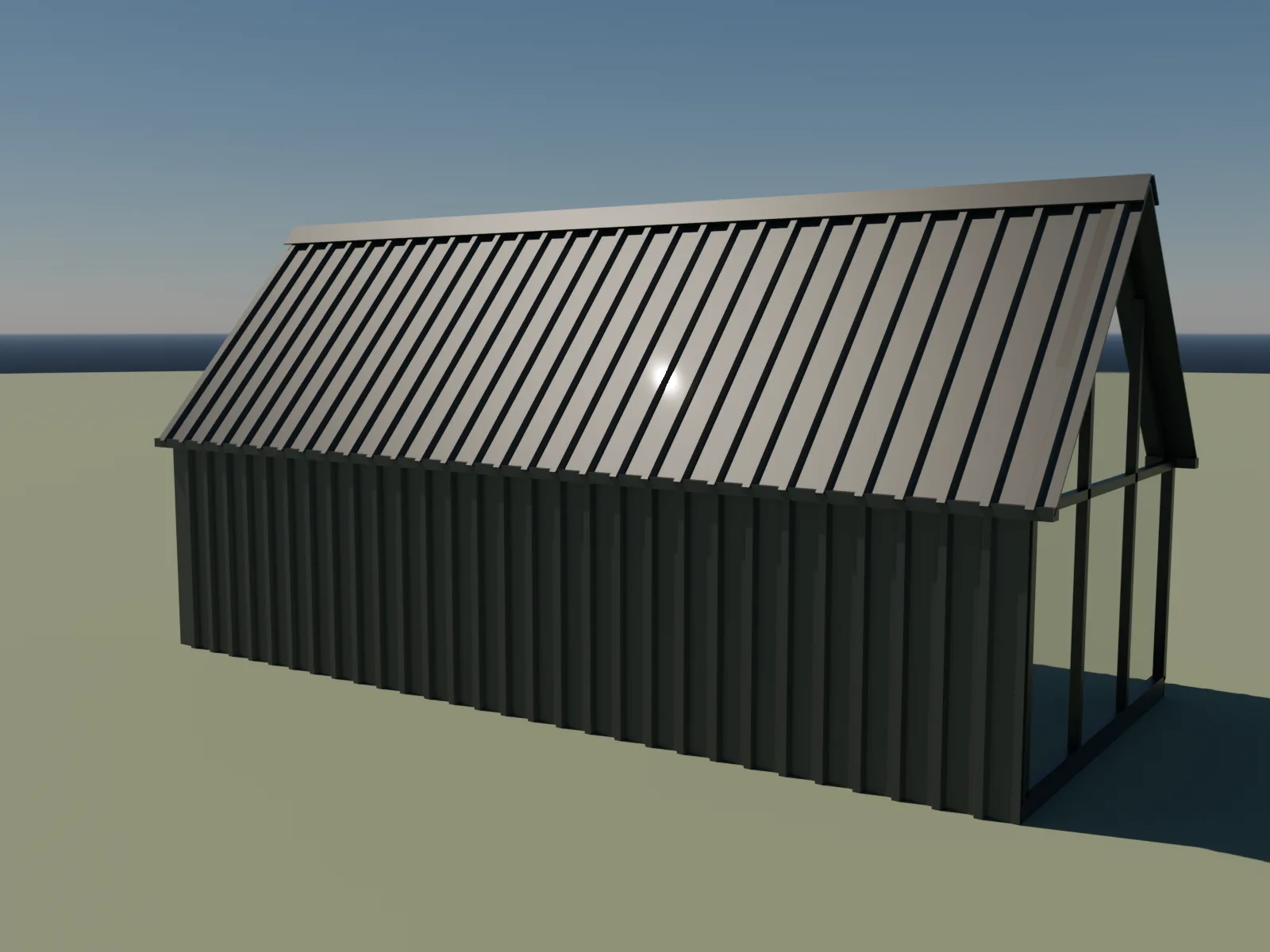 The Gable concept in daylight — ribbed anthracite walls and roof on a long container-sized footprint